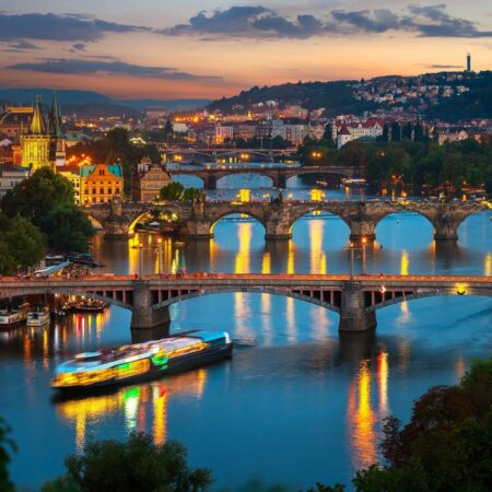 Prague dinner cruise at night with Charles Bridge and Prague Castle views